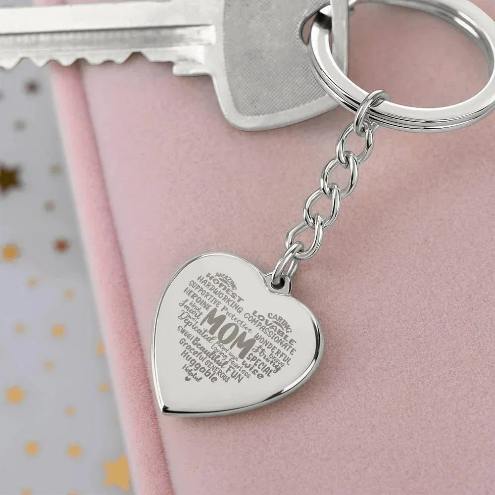 Mom Word Art Personalized Engraved Heart Keychain