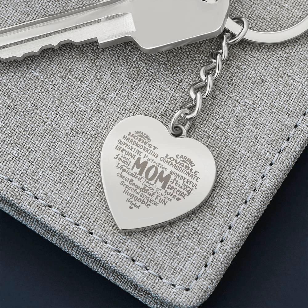 Mom Word Art Personalized Engraved Heart Keychain