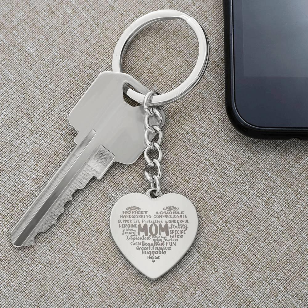 Mom Word Art Personalized Engraved Heart Keychain
