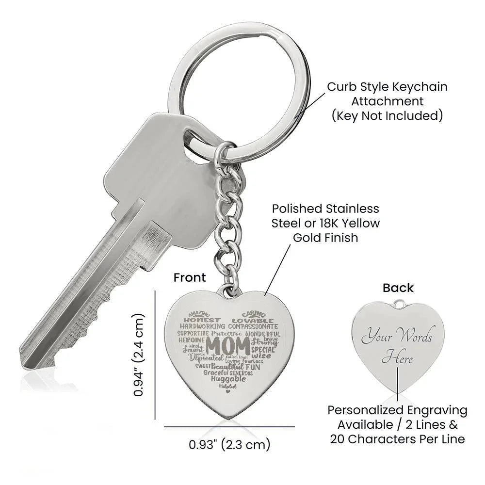 Mom Word Art Personalized Engraved Heart Keychain