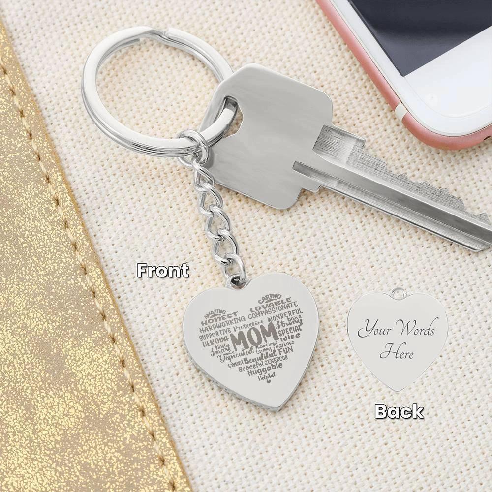 Mom Word Art Personalized Engraved Heart Keychain