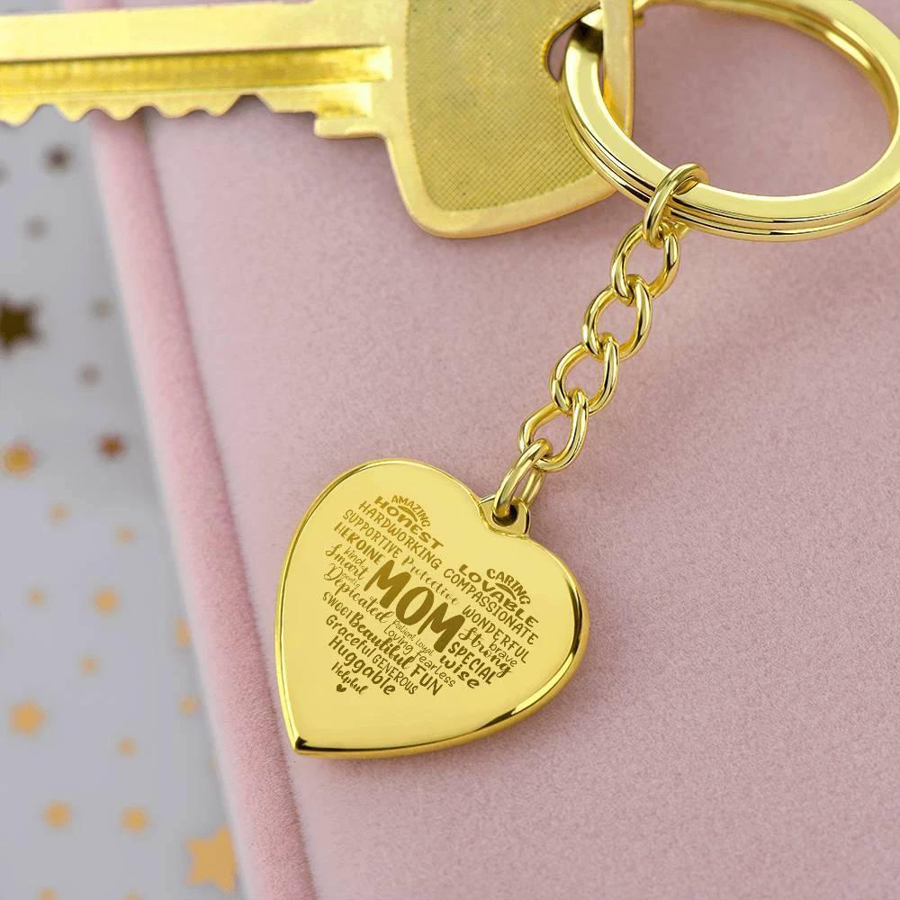 Mom Word Art Personalized Engraved Heart Keychain