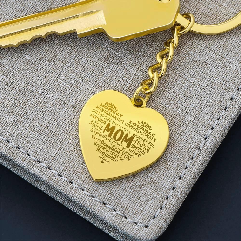 Mom Word Art Personalized Engraved Heart Keychain