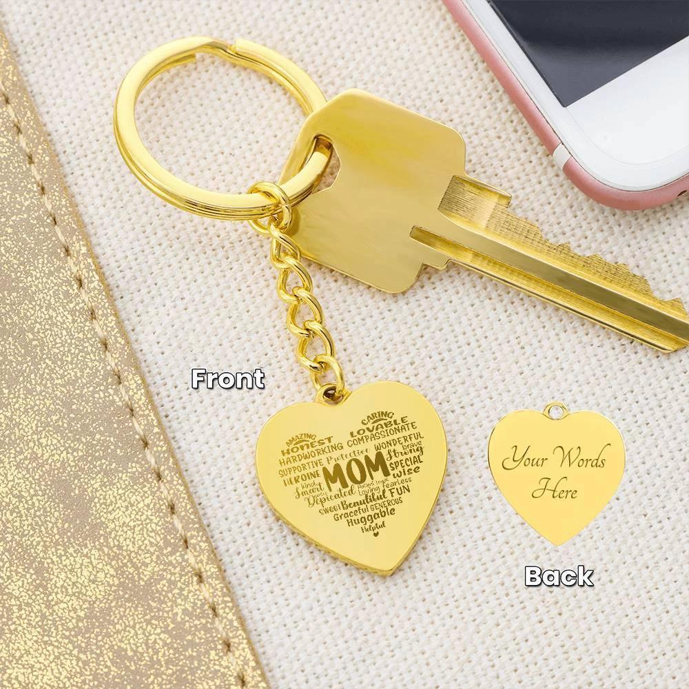 Mom Word Art Personalized Engraved Heart Keychain