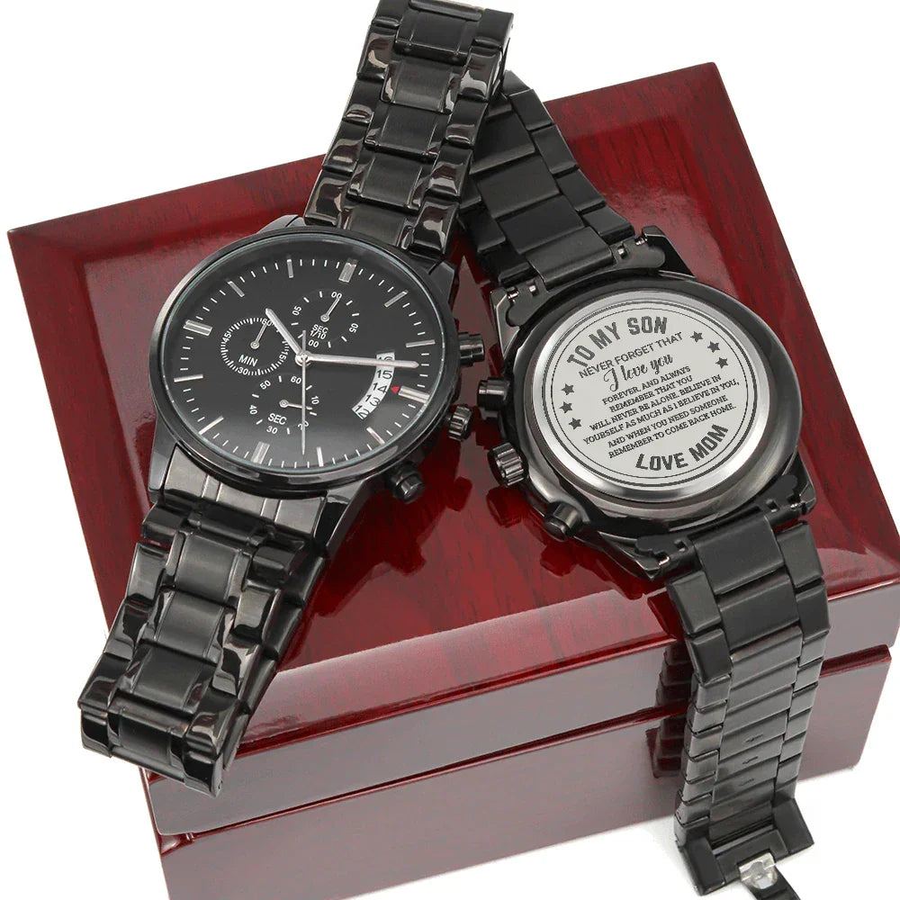 To My Son Engraved Chronograph Watch – Black Stainless-Steel Timepiece from Mom | Sentimental Gift for Birthday, Graduation, Christmas, or Deployment
