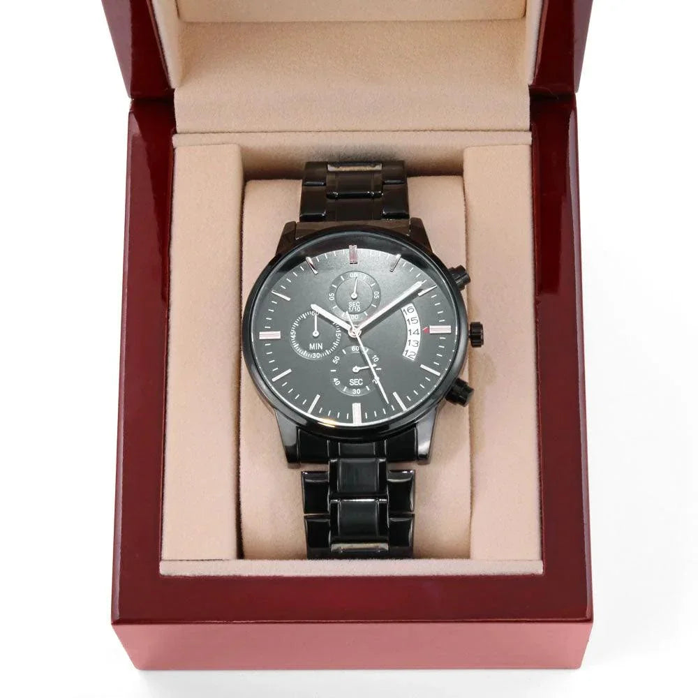 To My Son Engraved Chronograph Watch – Black Stainless-Steel Timepiece from Mom | Sentimental Gift for Birthday, Graduation, Christmas, or Deployment