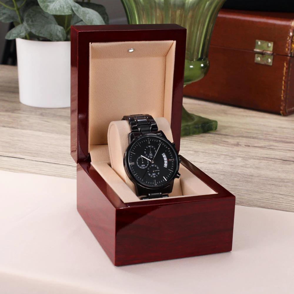 To My Son Engraved Chronograph Watch – Black Stainless-Steel Timepiece from Mom | Sentimental Gift for Birthday, Graduation, Christmas, or Deployment