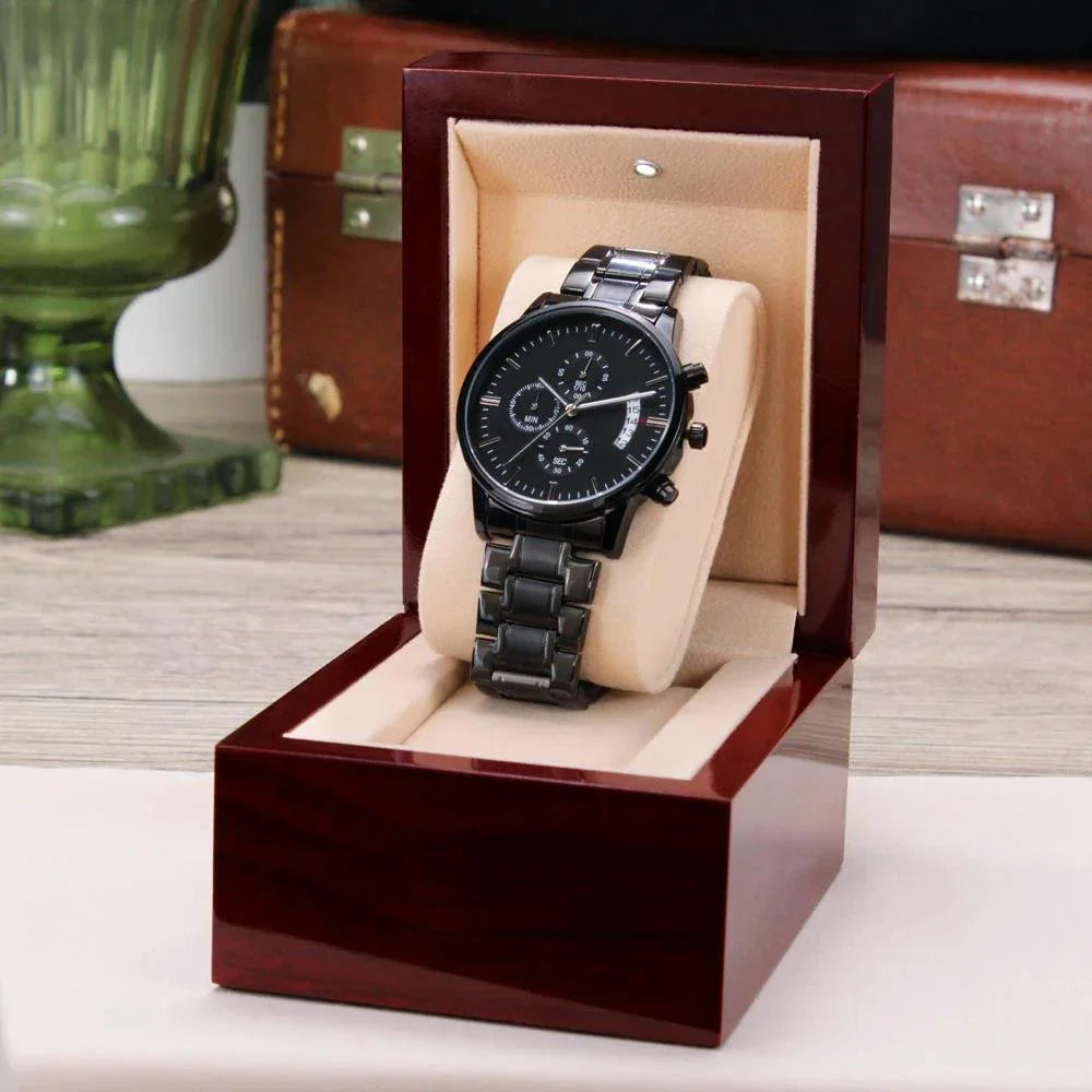 To My Son Engraved Chronograph Watch – Black Stainless-Steel Timepiece from Mom | Sentimental Gift for Birthday, Graduation, Christmas, or Deployment