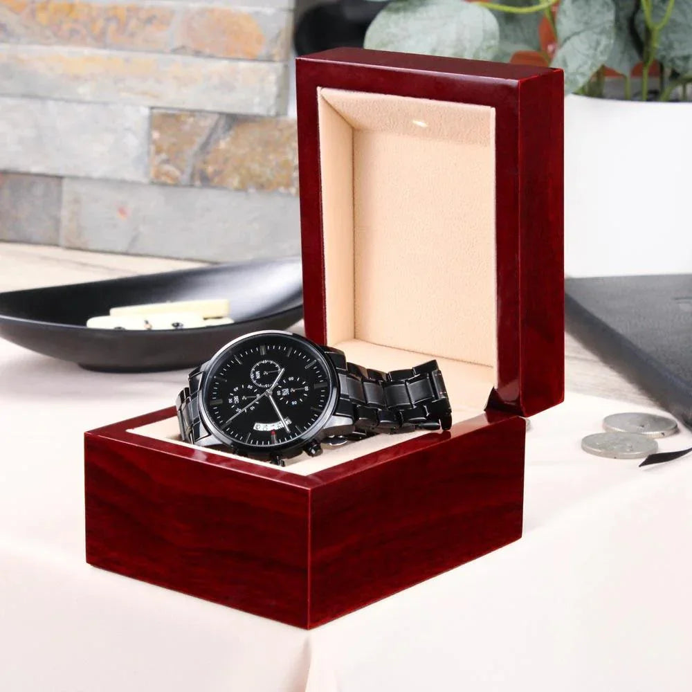 To My Son Engraved Chronograph Watch – Black Stainless-Steel Timepiece from Mom | Sentimental Gift for Birthday, Graduation, Christmas, or Deployment