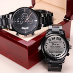 To My Son Engraved Chronograph Watch – Black Stainless-Steel Timepiece from Mom | Sentimental Gift for Birthday, Graduation, Christmas, or Deployment