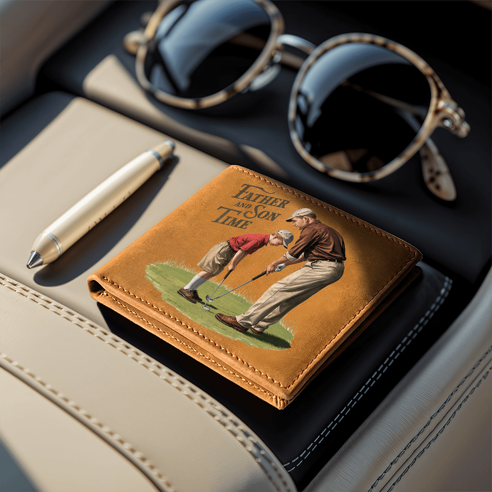 Father and Son Time Leather Wallet – Vintage Golf-Inspired Cowhide Bifold Wallet – Sentimental Gift for Dad with Gift Box