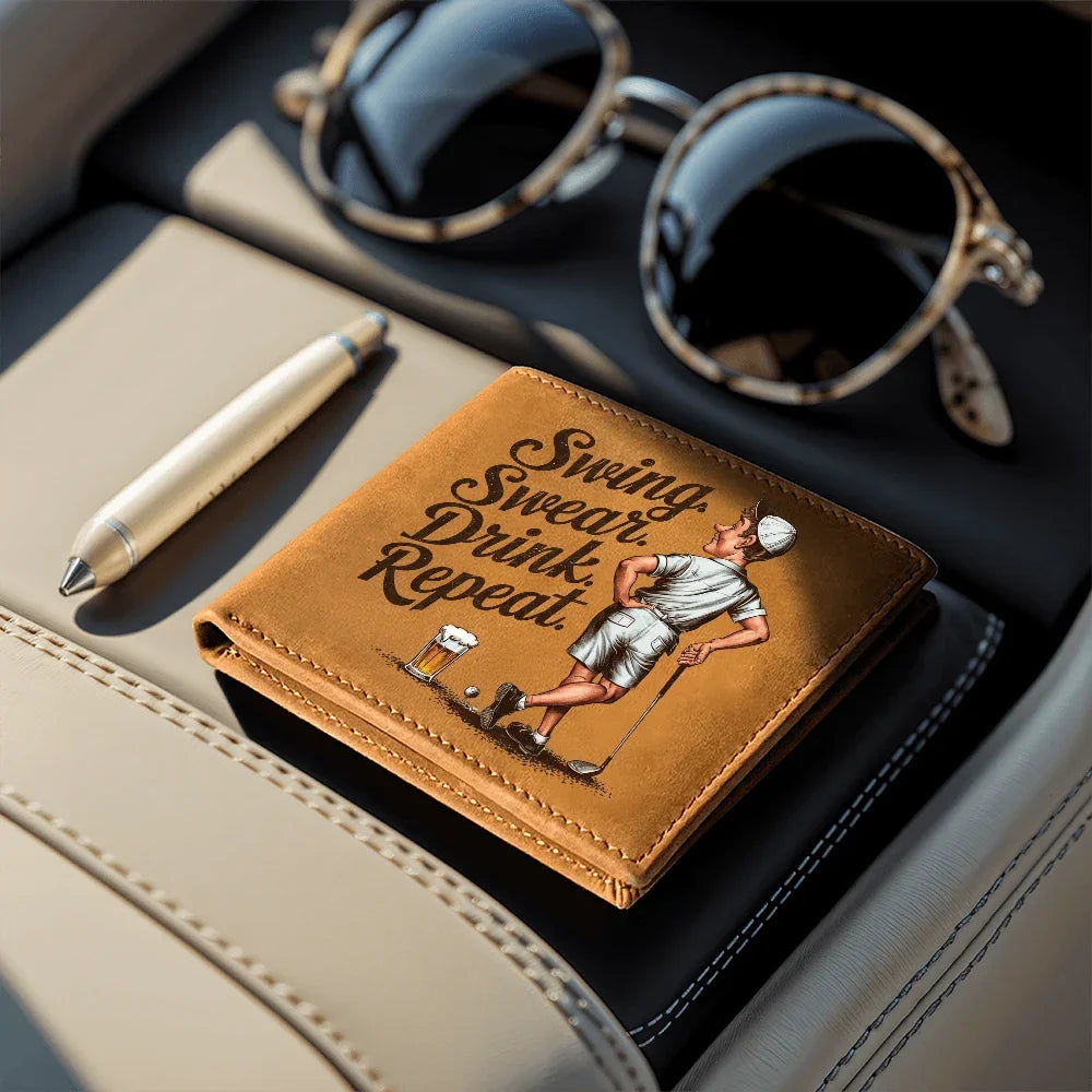 Swing Swear Drink Repeat Golf Wallet – Funny Full Grain Leather Wallet for Golfers – Unique Gift for Dad, Husband, or Friend