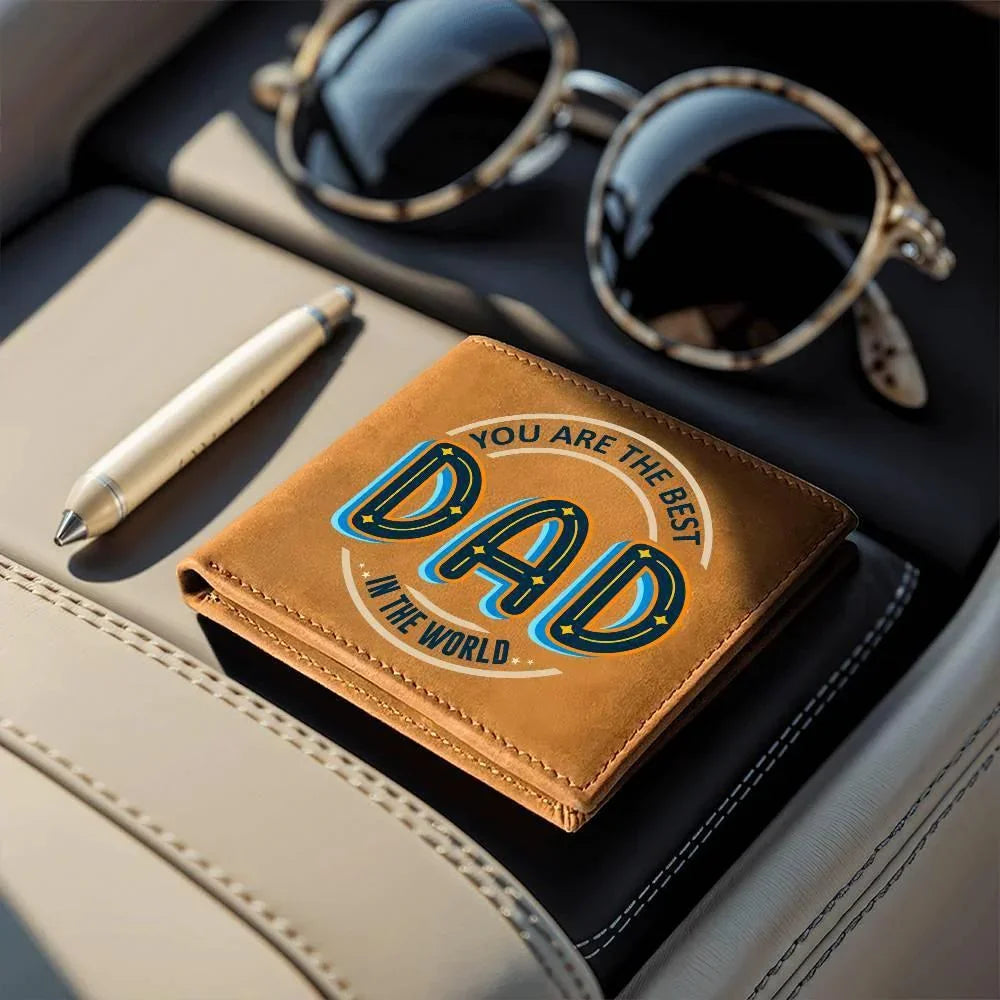 Gift for Dad - Best Dad in the World Genuine Cowhide Leather Wallet