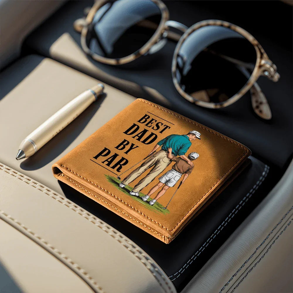 Best Dad by Par Illustrated Wallet – Full Grain Leather Golf Wallet Gift for Dad – Thoughtful Father's Day Gift with Gift Box