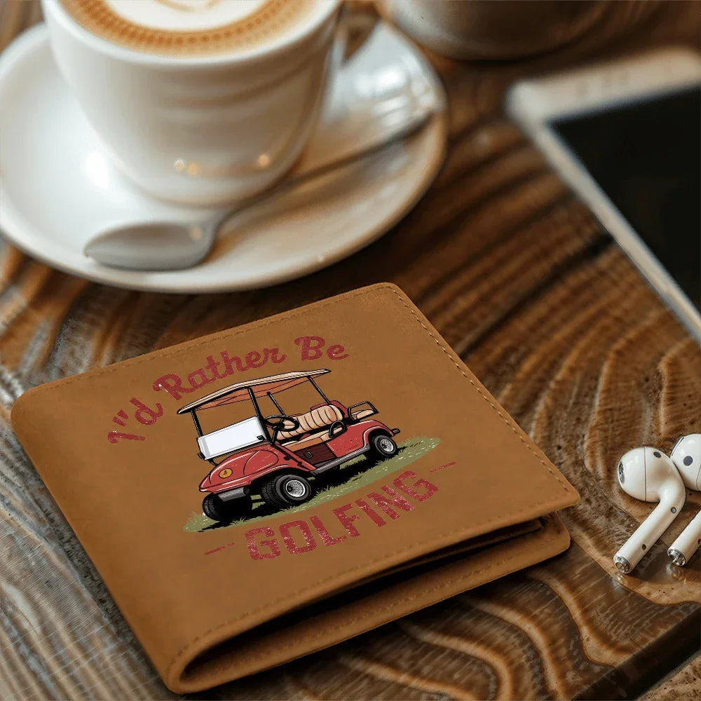 I'd Rather Be Golfing Leather Wallet – Funny Full Grain Cowhide Bifold – Golf Cart Design Gift for Dad or Grandpa