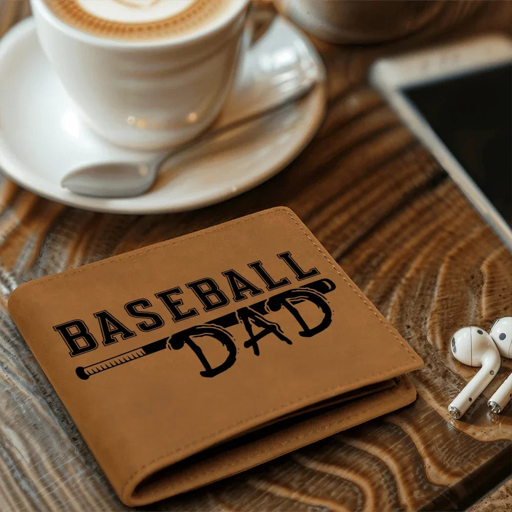 Baseball Dad Leather Wallet – Full Grain Cowhide Bifold – Gift for Sports-Loving Father, Coach, or Grandpa