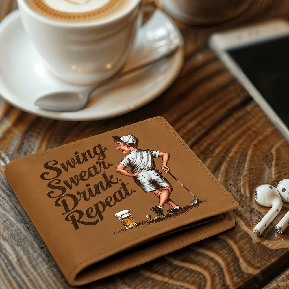 Swing Swear Drink Repeat Golf Wallet – Funny Full Grain Leather Wallet for Golfers – Unique Gift for Dad, Husband, or Friend