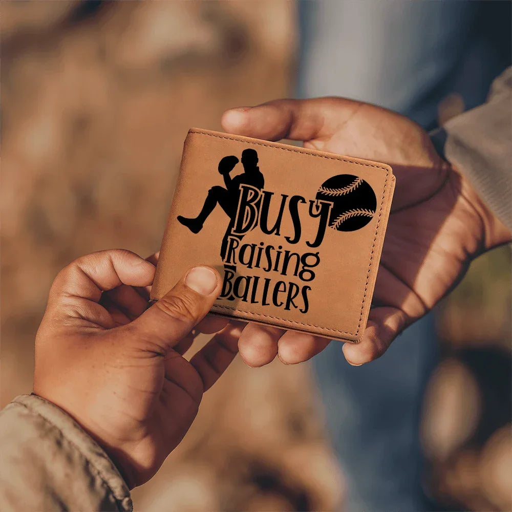 Busy Raising Ballers Leather Wallet – Full Grain Cowhide Bifold – Baseball Gift for Sports-Loving Dads