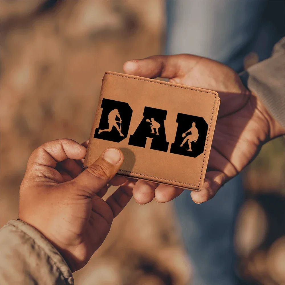 Baseball Silhouette Dad Wallet – Full Grain Cowhide Leather Bifold – Sports Gift for Father's Day or Baseball Coach