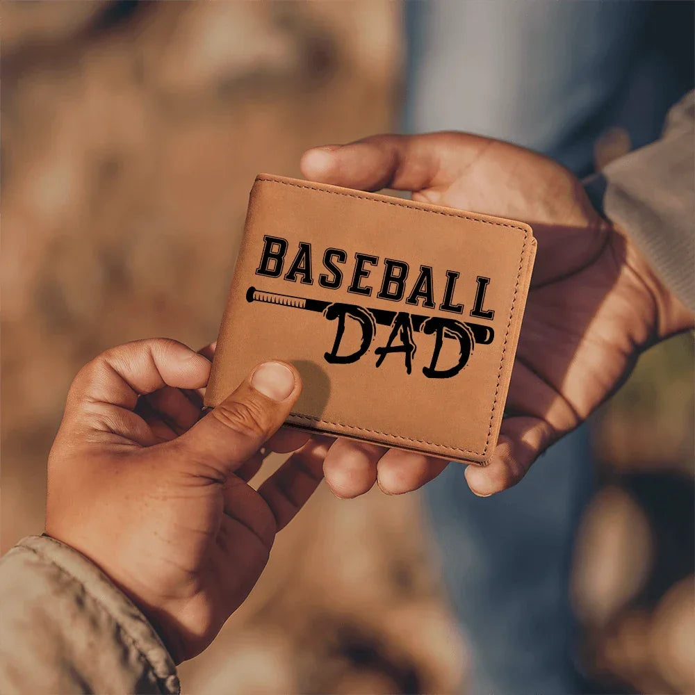 Baseball Dad Leather Wallet – Full Grain Cowhide Bifold – Gift for Sports-Loving Father, Coach, or Grandpa