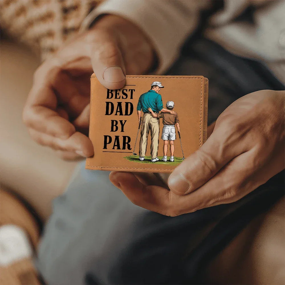 Best Dad by Par Illustrated Wallet – Full Grain Leather Golf Wallet Gift for Dad – Thoughtful Father's Day Gift with Gift Box