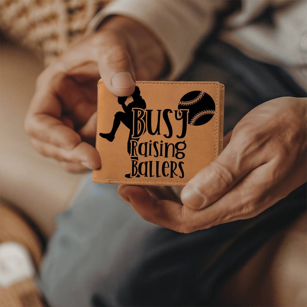 Busy Raising Ballers Leather Wallet – Full Grain Cowhide Bifold – Baseball Gift for Sports-Loving Dads - Mallard Moon Gift Shop