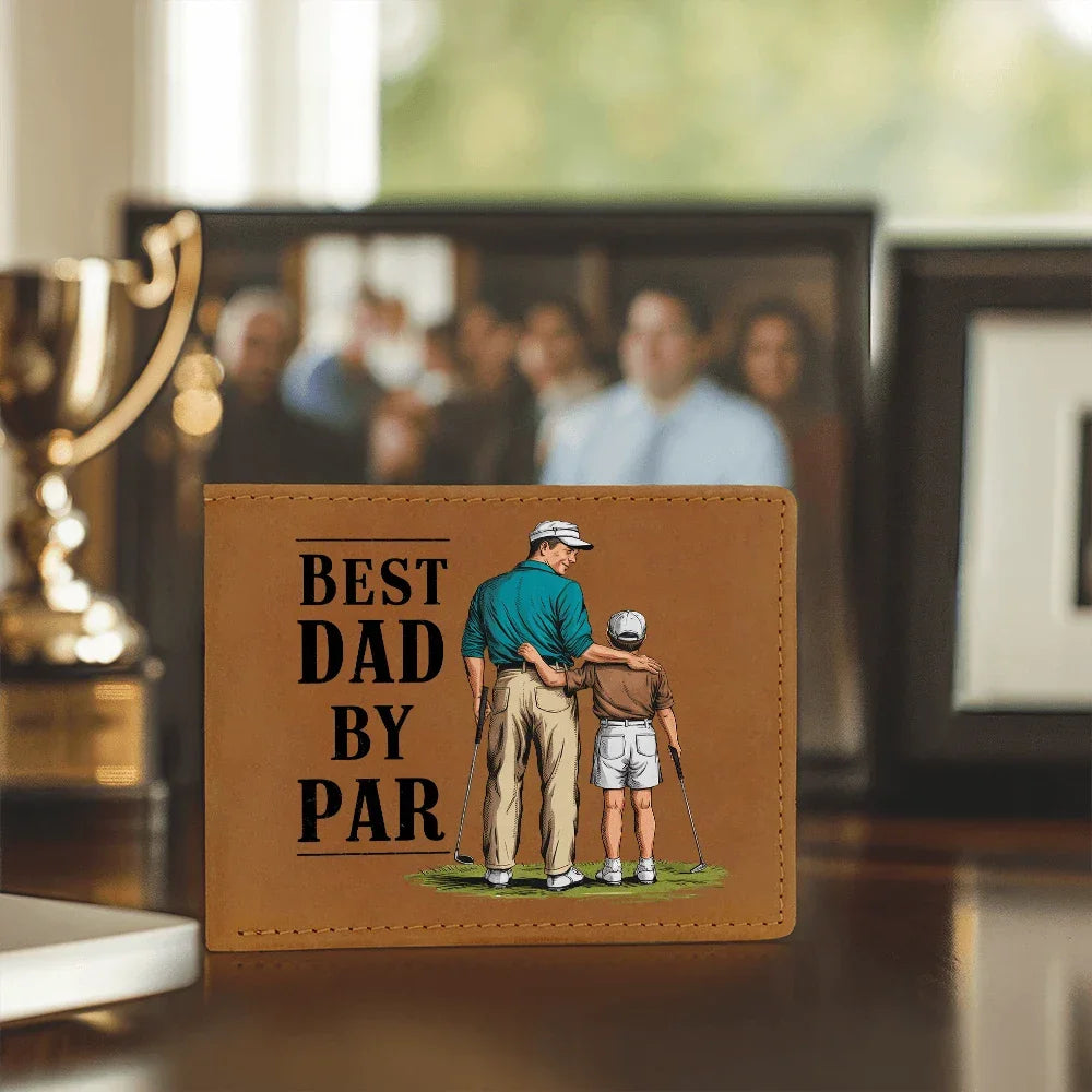 Best Dad by Par Illustrated Wallet – Full Grain Leather Golf Wallet Gift for Dad – Thoughtful Father's Day Gift with Gift Box