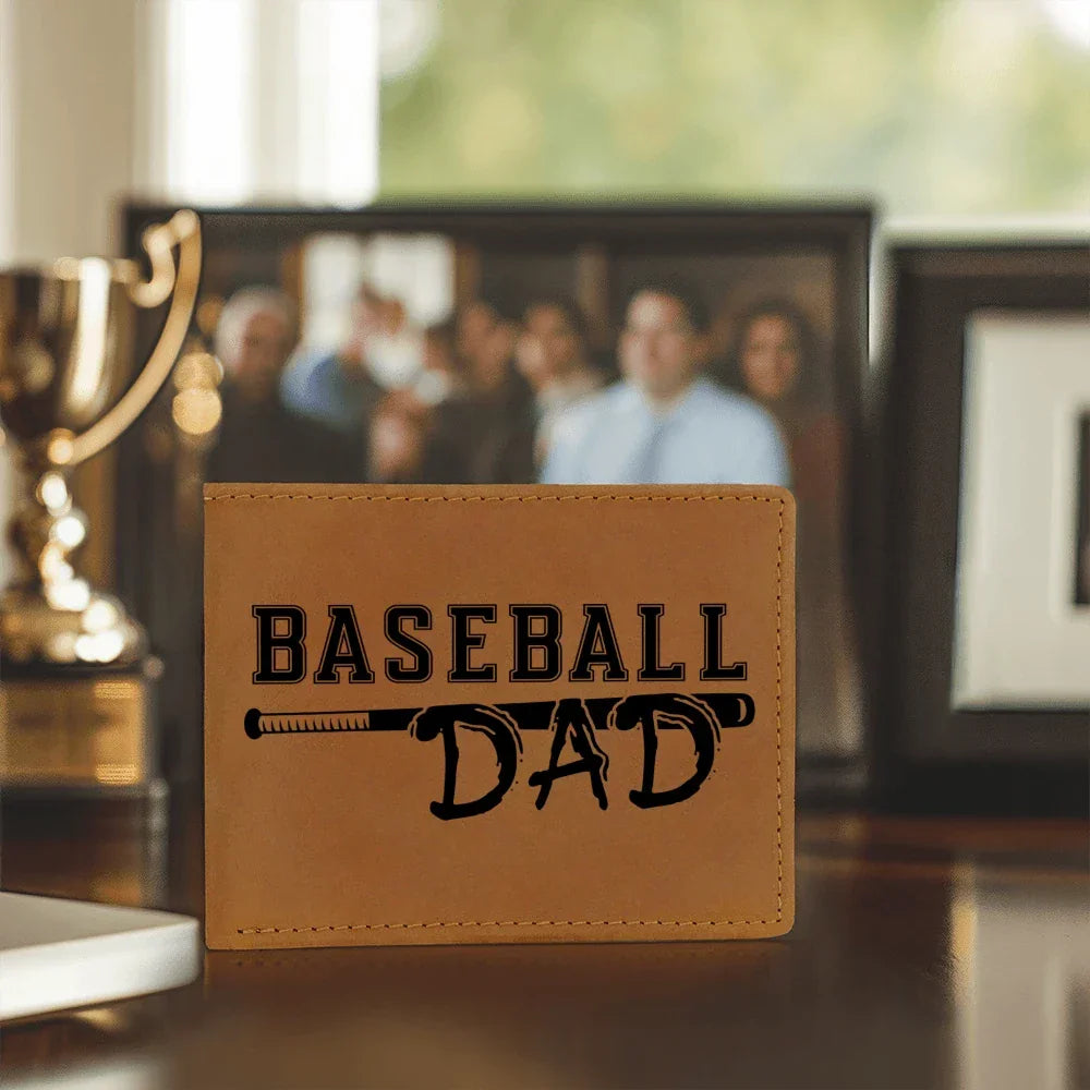 Baseball Dad Leather Wallet – Full Grain Cowhide Bifold – Gift for Sports-Loving Father, Coach, or Grandpa
