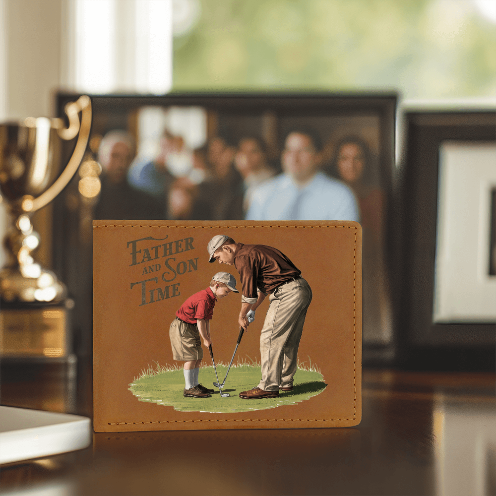 Father and Son Time Leather Wallet – Vintage Golf-Inspired Cowhide Bifold Wallet – Sentimental Gift for Dad with Gift Box