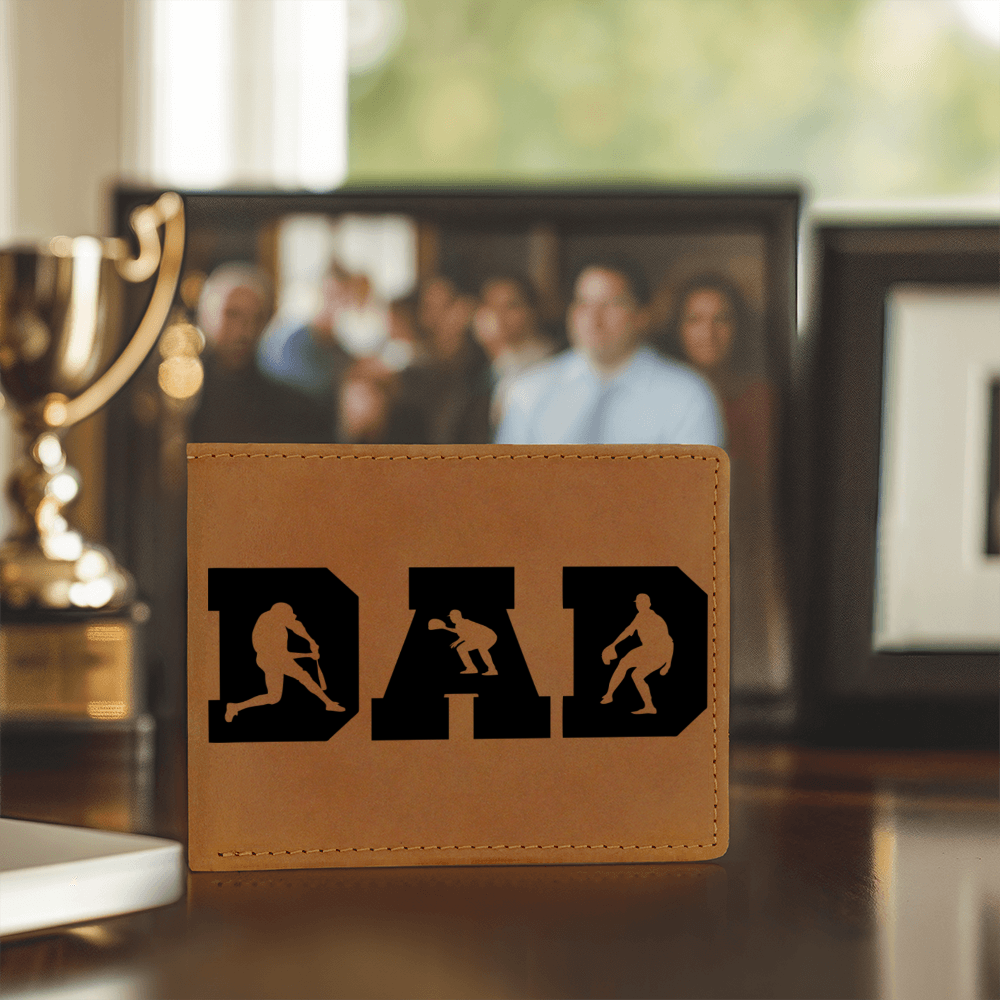 Baseball Silhouette Dad Wallet – Full Grain Cowhide Leather Bifold – Sports Gift for Father's Day or Baseball Coach - Mallard Moon Gift Shop