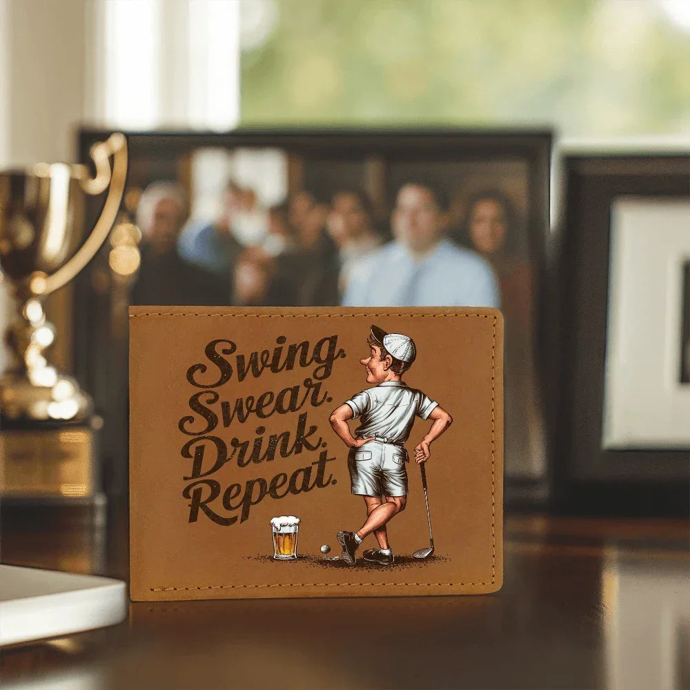 Swing Swear Drink Repeat Golf Wallet – Funny Full Grain Leather Wallet for Golfers – Unique Gift for Dad, Husband, or Friend