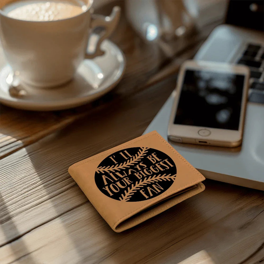 I'll Always Be Your Biggest Fan Baseball Wallet – Full Grain Cowhide Leather Bifold – Heartfelt Gift for Dad, Son, or Player