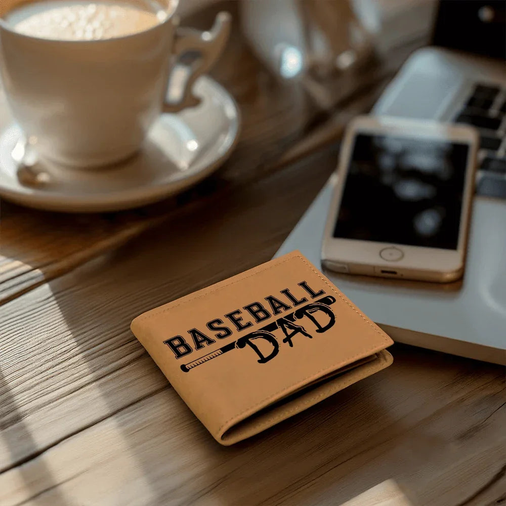 Baseball Dad Leather Wallet – Full Grain Cowhide Bifold – Gift for Sports-Loving Father, Coach, or Grandpa