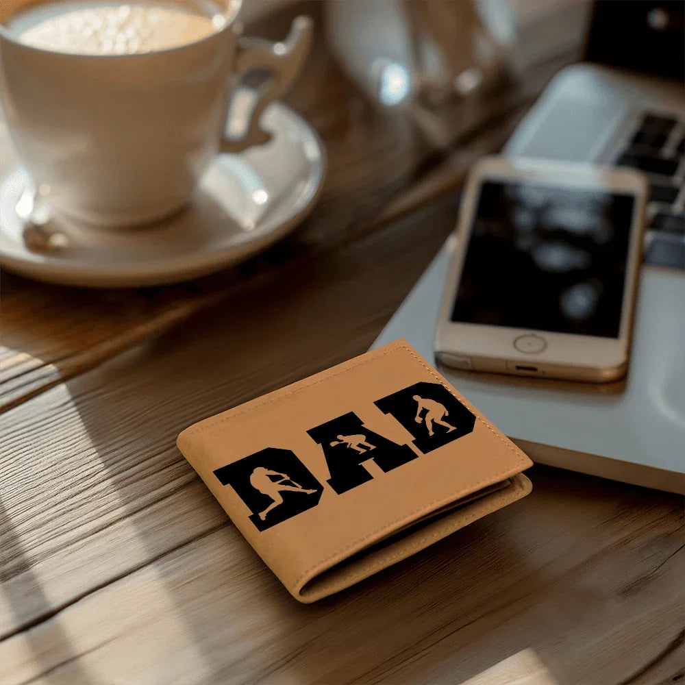 Baseball Silhouette Dad Wallet – Full Grain Cowhide Leather Bifold – Sports Gift for Father's Day or Baseball Coach