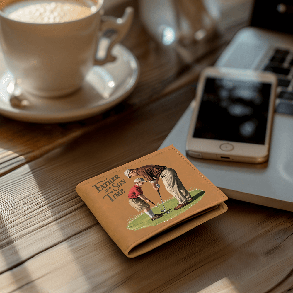 Father and Son Time Leather Wallet – Vintage Golf-Inspired Cowhide Bifold Wallet – Sentimental Gift for Dad with Gift Box
