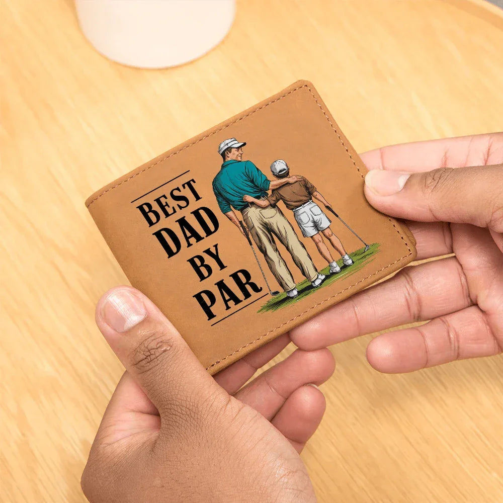 Best Dad by Par Illustrated Wallet – Full Grain Leather Golf Wallet Gift for Dad – Thoughtful Father's Day Gift with Gift Box