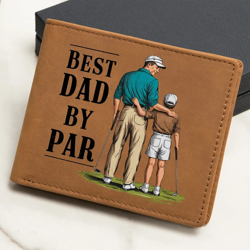 Best Dad by Par Illustrated Wallet – Full Grain Leather Golf Wallet Gift for Dad – Thoughtful Father's Day Gift with Gift Box