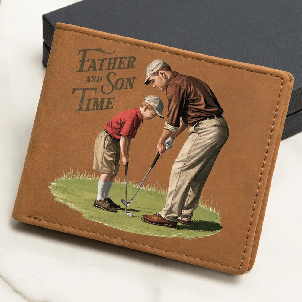 Father and Son Time Leather Wallet – Vintage Golf-Inspired Cowhide Bifold Wallet – Sentimental Gift for Dad with Gift Box