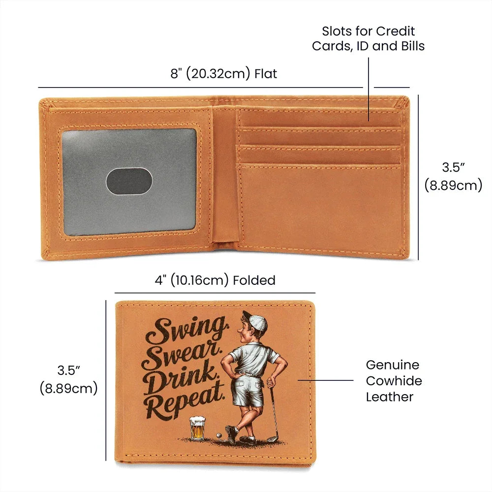 Swing Swear Drink Repeat Golf Wallet – Funny Full Grain Leather Wallet for Golfers – Unique Gift for Dad, Husband, or Friend