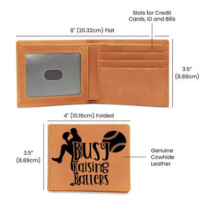 Busy Raising Ballers Leather Wallet – Full Grain Cowhide Bifold – Baseball Gift for Sports-Loving Dads