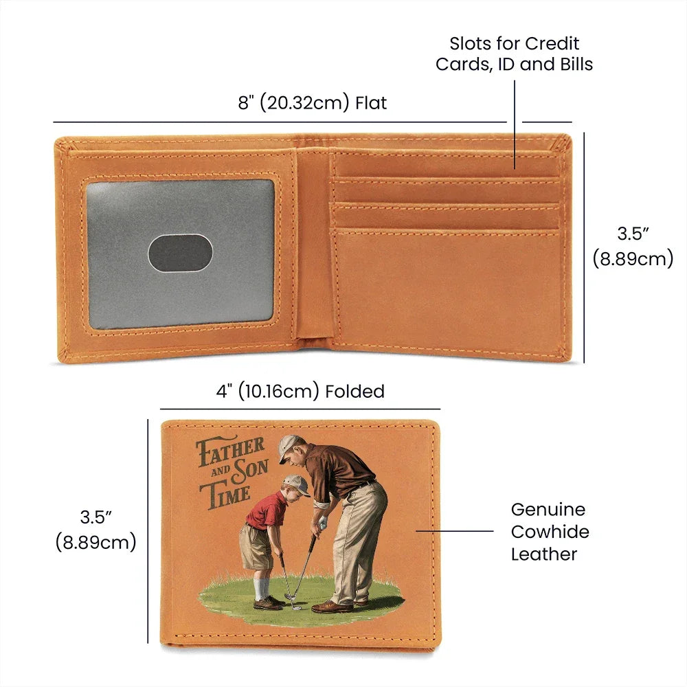 Father and Son Time Leather Wallet – Vintage Golf-Inspired Cowhide Bifold Wallet – Sentimental Gift for Dad with Gift Box