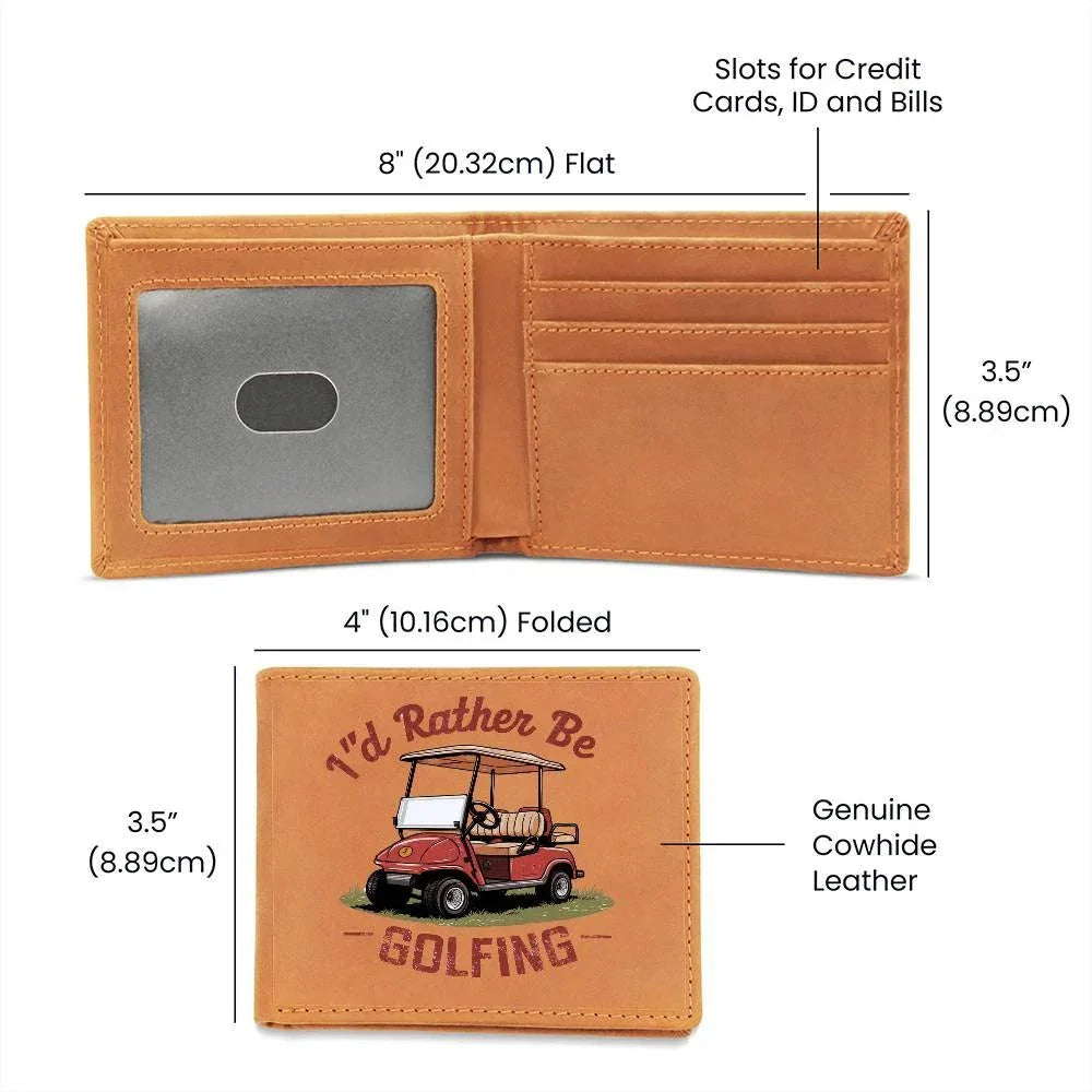 I'd Rather Be Golfing Leather Wallet – Funny Full Grain Cowhide Bifold – Golf Cart Design Gift for Dad or Grandpa