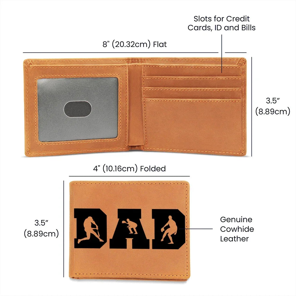 Baseball Silhouette Dad Wallet – Full Grain Cowhide Leather Bifold – Sports Gift for Father's Day or Baseball Coach