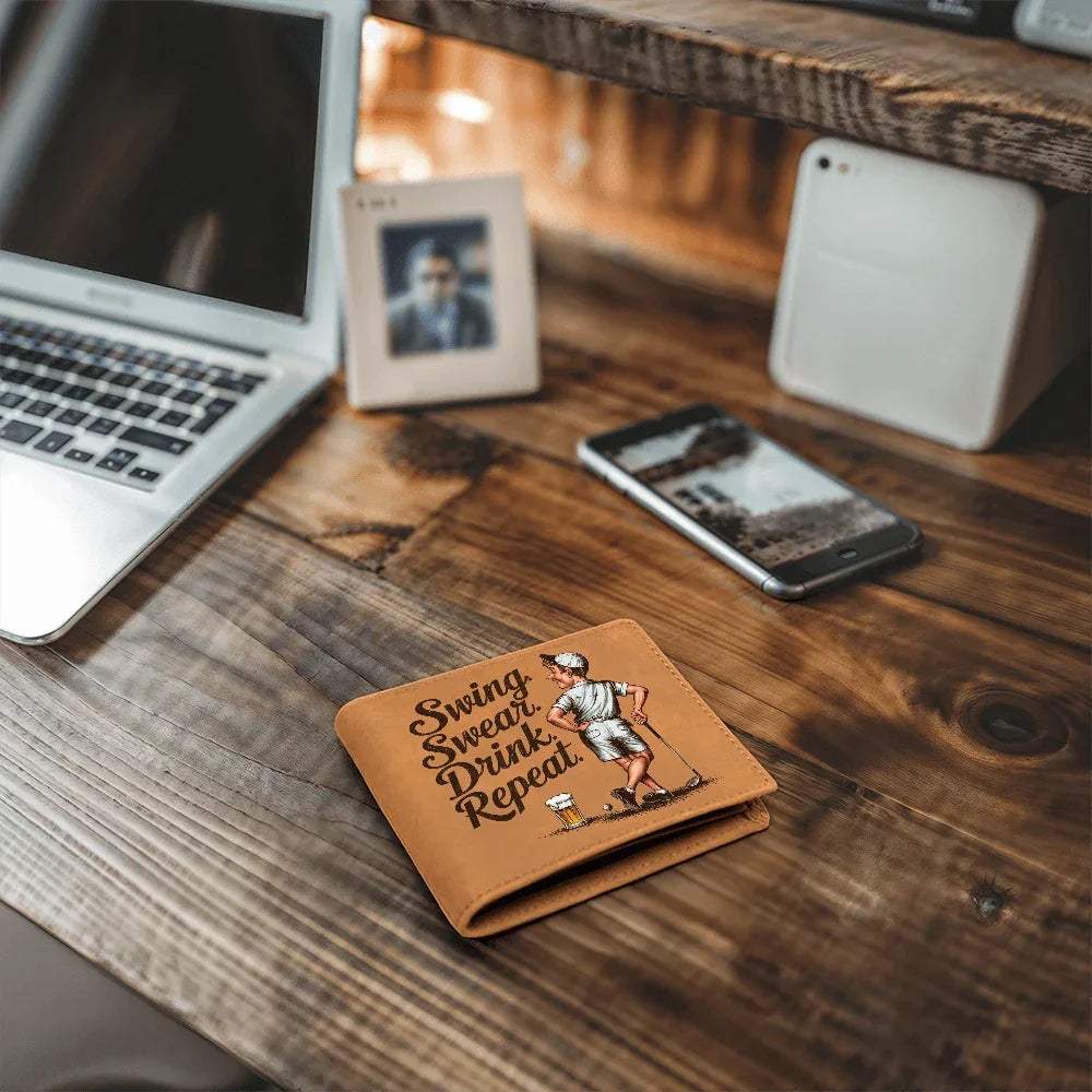 Swing Swear Drink Repeat Golf Wallet – Funny Full Grain Leather Wallet for Golfers – Unique Gift for Dad, Husband, or Friend