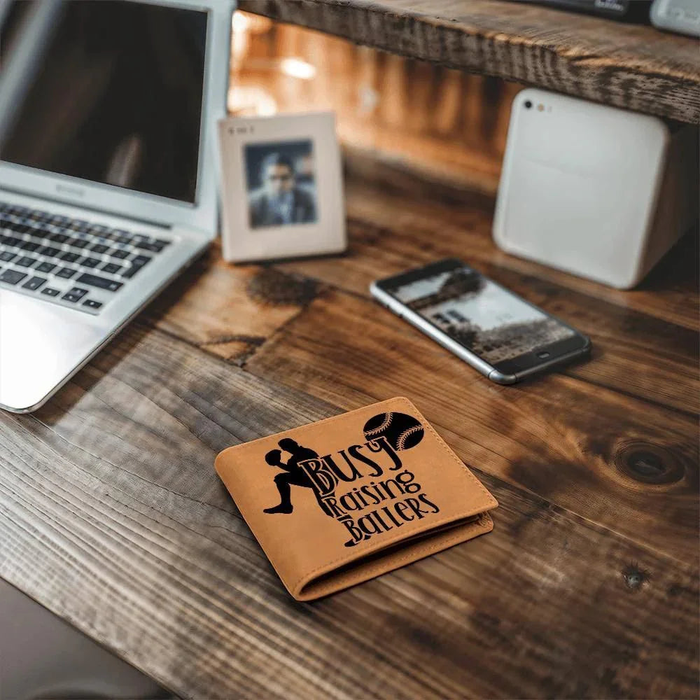 Busy Raising Ballers Leather Wallet – Full Grain Cowhide Bifold – Baseball Gift for Sports-Loving Dads