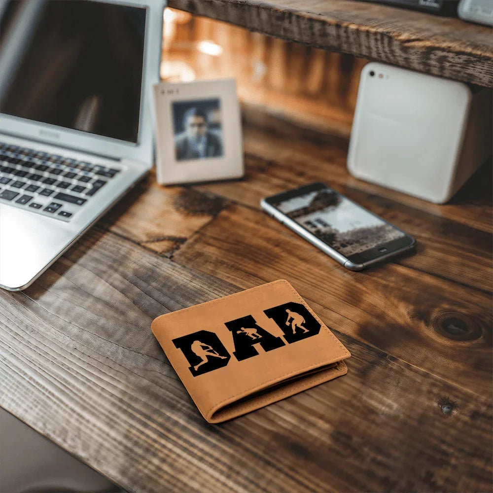 Baseball Silhouette Dad Wallet – Full Grain Cowhide Leather Bifold – Sports Gift for Father's Day or Baseball Coach