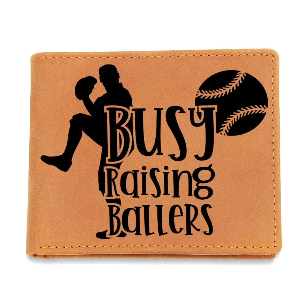 Busy Raising Ballers Leather Wallet – Full Grain Cowhide Bifold – Baseball Gift for Sports-Loving Dads