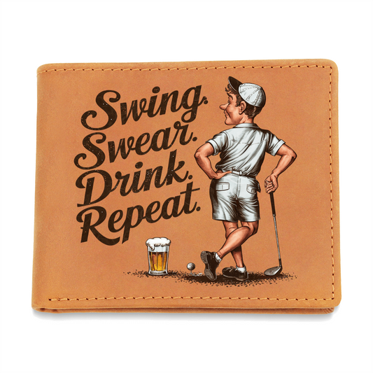 Swing Swear Drink Repeat Golf Wallet – Funny Full Grain Leather Wallet for Golfers – Unique Gift for Dad, Husband, or Friend
