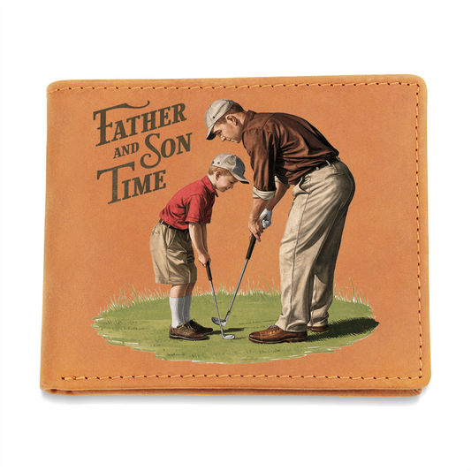 Father and Son Time Leather Wallet – Vintage Golf-Inspired Cowhide Bifold Wallet – Sentimental Gift for Dad with Gift Box