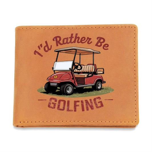 I'd Rather Be Golfing Leather Wallet – Funny Full Grain Cowhide Bifold – Golf Cart Design Gift for Dad or Grandpa